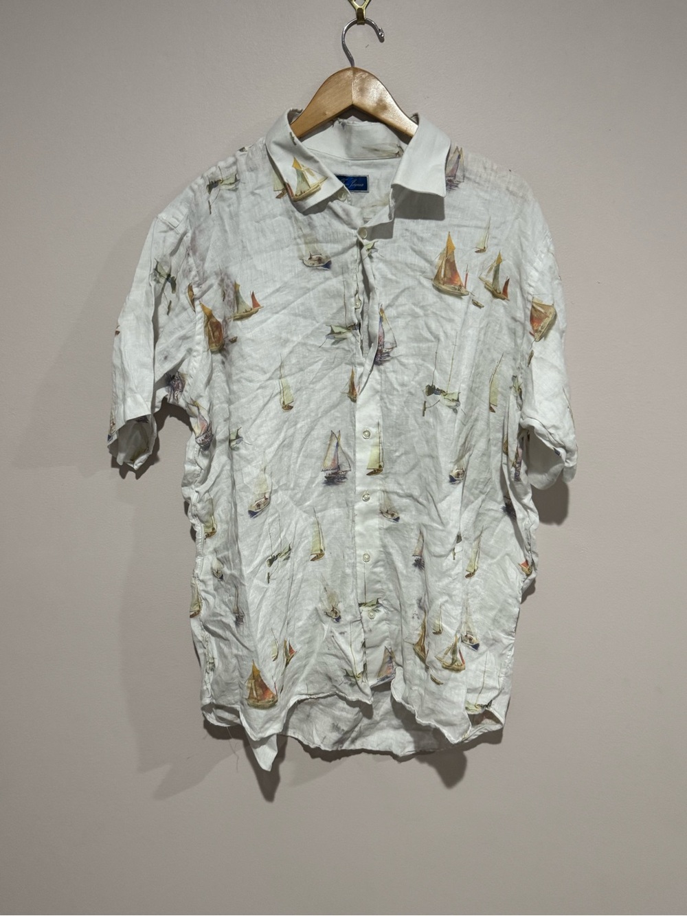 Tom James Linen Sail Boat Button Up Short Sleeve Large